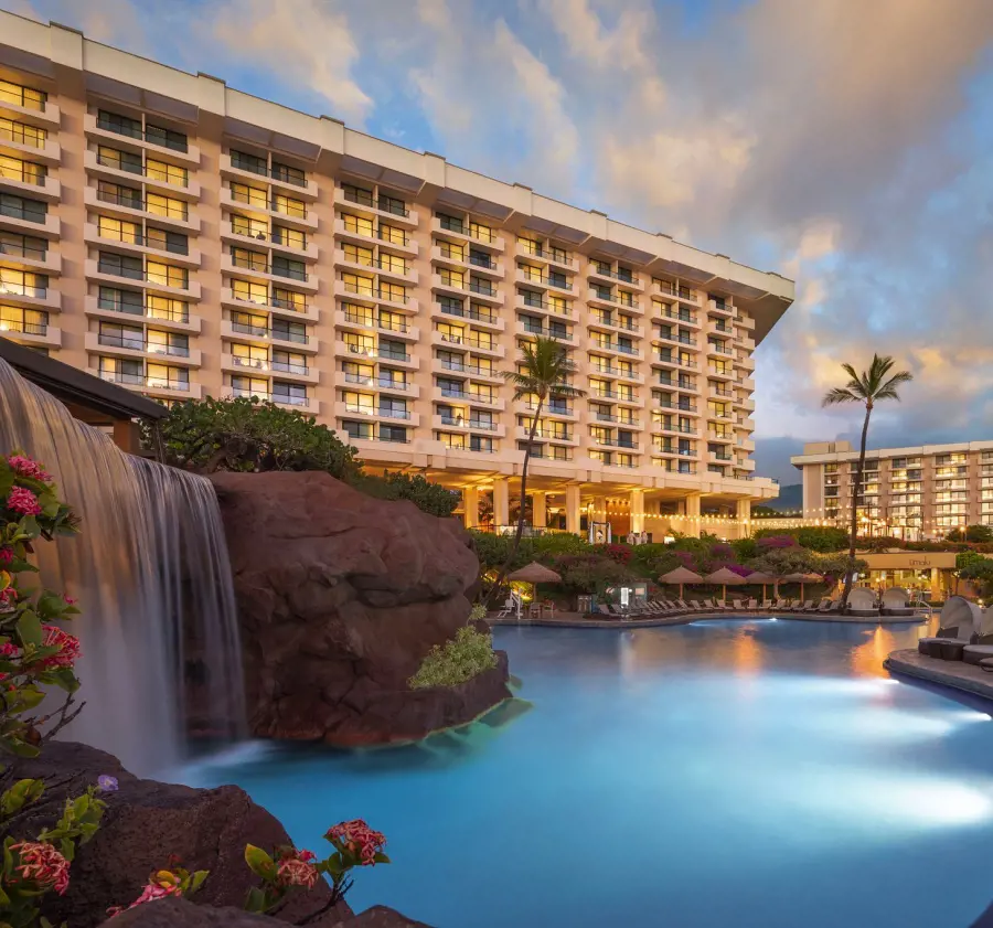 The waterfall fountain at Hyatt Regency Maui Resort and Spa