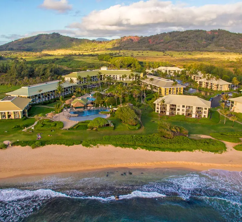 An ariel view of the Kauai Beach Resort & Spa by the ocean