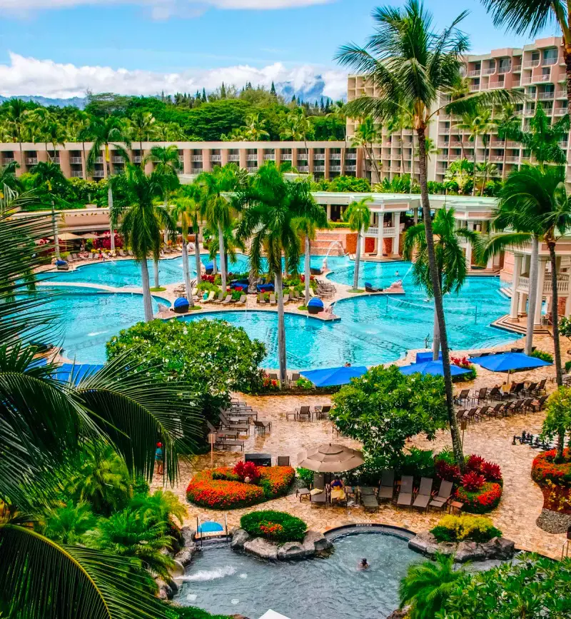 A eye-catching view of the outdoor pools and gardens of the Royal Sonesta Kauai Resort