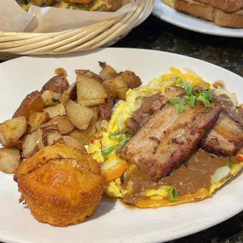 Donot forget to try Crispy pork belly scramble at Kalaheo Cafe 