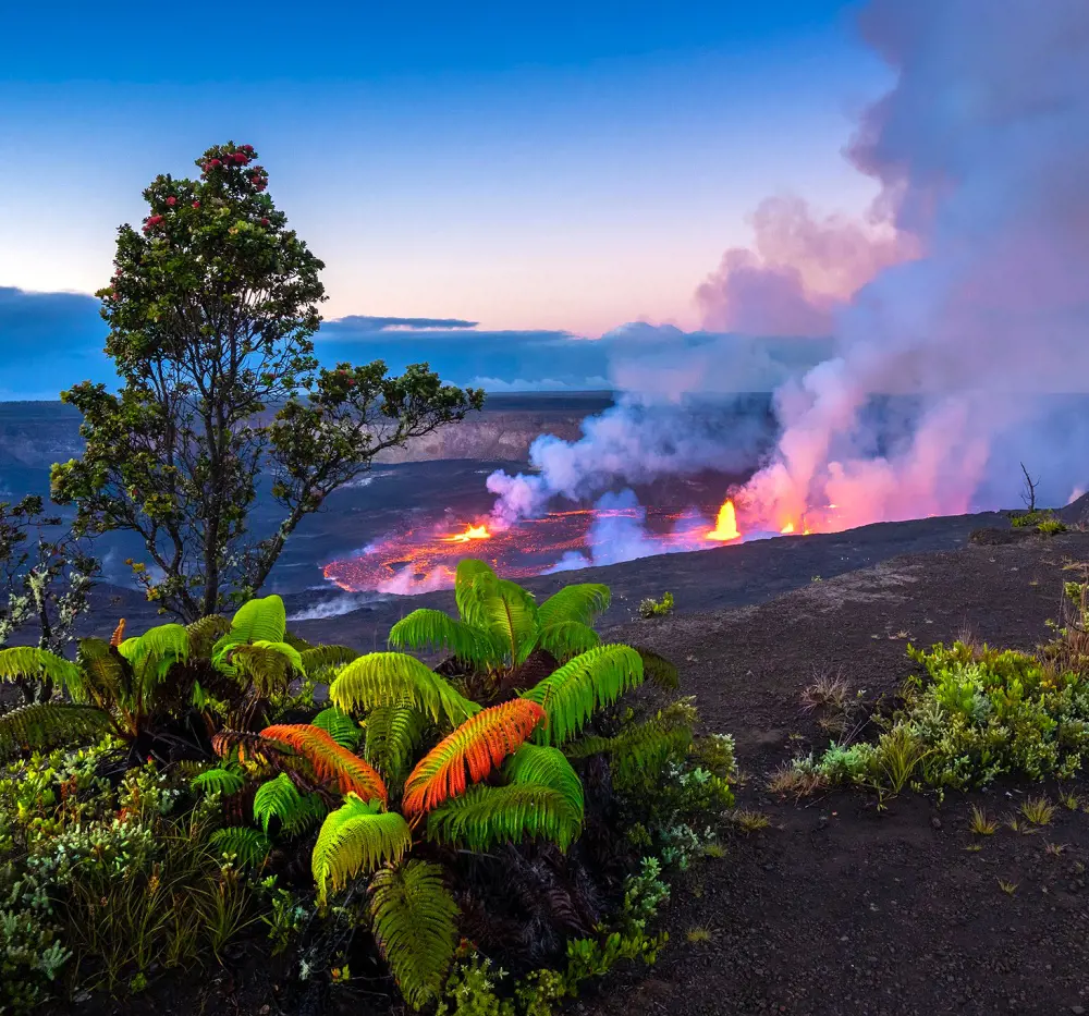 The beautiful green surroundings and the steaming hot lava lake at Hawaii Volcanoes National Park