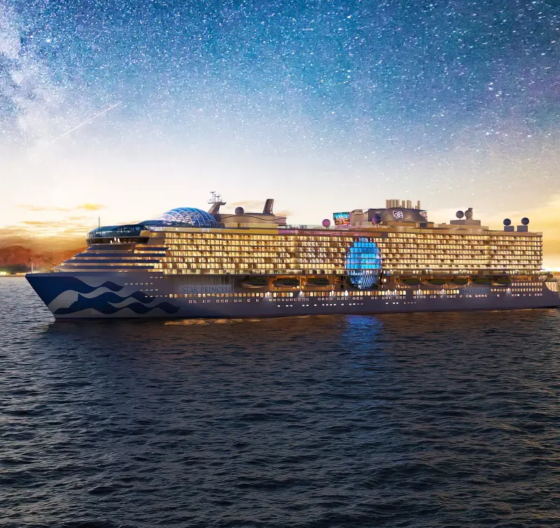A well lit passenger fleet from Princess Cruises sailing under the star-lit sky