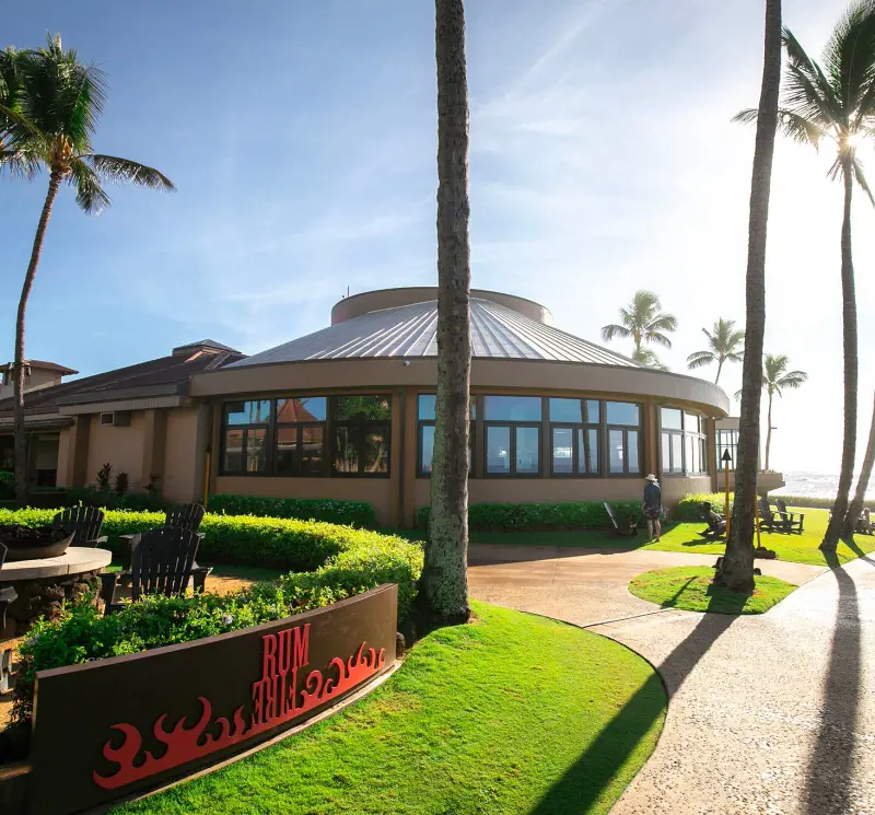 The unique oval building of Sheraton Kauai Resort captured in October 2022