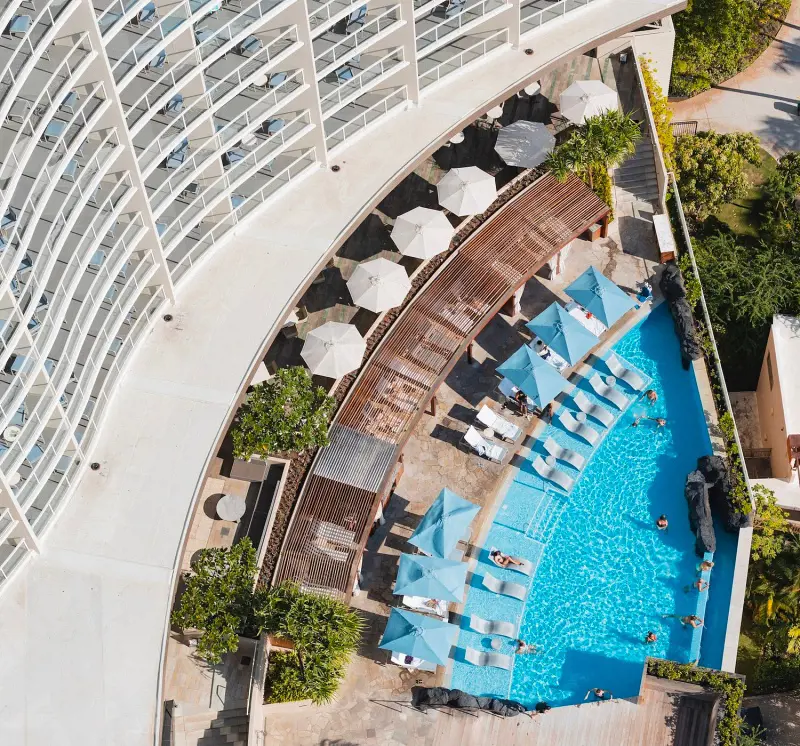 An aerial view of the outdoor pool at The Ritz-Carlton, Waikiki Beach
