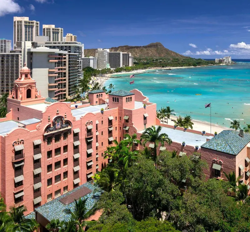 The unique building of The Royal Hawaiian, a Luxury Collection Resort by the beach